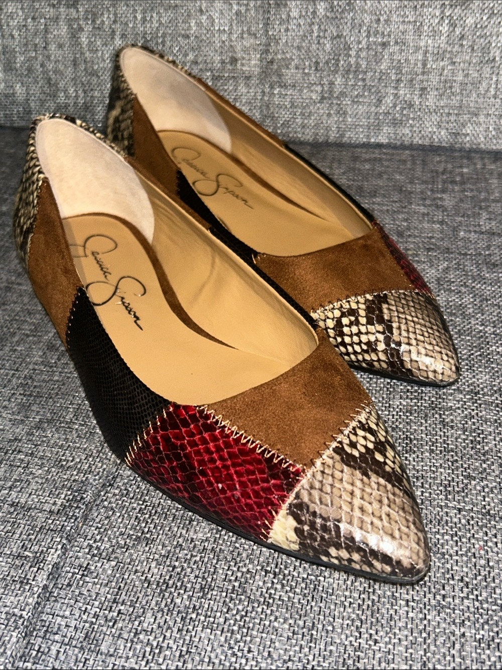Jessica Simpson GABRIELI - Patchwork Flats in Brown, Red, and Snake print